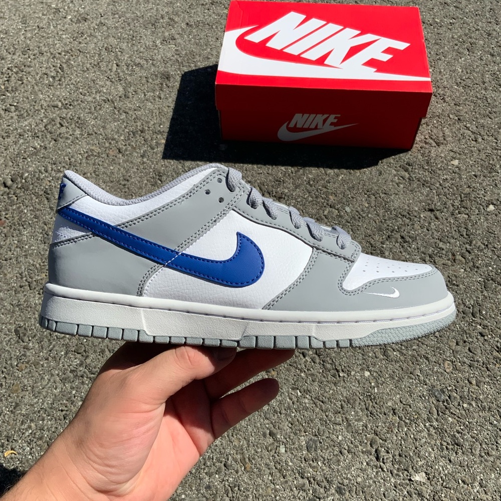 COPY - Brand New Nike Dunk Low Mini Swoosh Wolf Grey Game Royal GS Size 6.5Y/8W